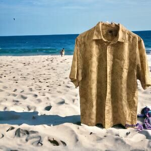 Vintage Op Ocean Pacific Hawaiian Button Up Shirt w/ pocket Mens Large Tan/White